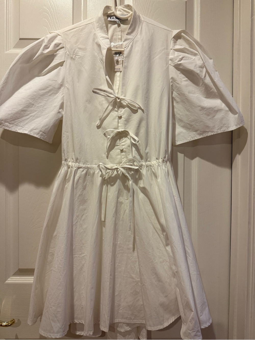NWT Anthropologie En Saison White Puff Sleeve Tie-Front Mini Dress - Size M